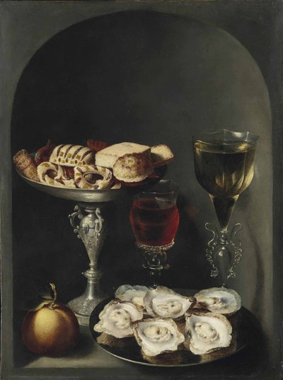 Huîtres sur une assiette en étain, sucreries et biscuits dans une tazza en argent, deux verres à vin façon-de-venise et une orange dans une niche - Osias the Elder Beert